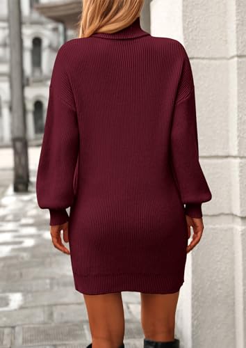 PRETTYGARDEN Sweater Dress for Women Long Puff Sleeve Turtleneck Ribbed Knit Oversized Pullover Winter Short Dress2