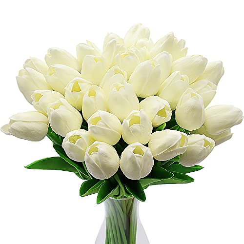 Tulipes Artificielles, 10 Pièces de Fleurs de Tulipes Artificielles en Soie, Bouquets de Fausses Tulipes Rose Clair / Rouge / Blanc pour Mariage Intérieur et Extérieur, Décoration de Fête (Blanc)