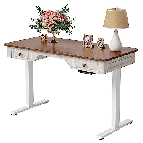Image of FEZIBO Whole Piece Farmhouse Style Standing Adjustable Desk with 2 Drawers, 48 x 24 Inches Sit Stand Electric Home Office Desk, Sandalwood Washed White (2 Packages)