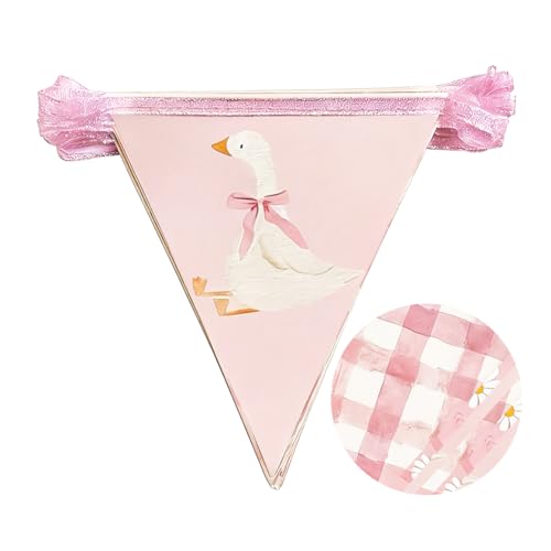Image of 30 Ft Silly Goose Party Decorations Dusty Pink Buffalo Plaid Floral Daisy Silly Goose Pennant Banner Flag Hanging Paper Triangle Bunting for Birthday Wedding Shower Party Decorations Supplies