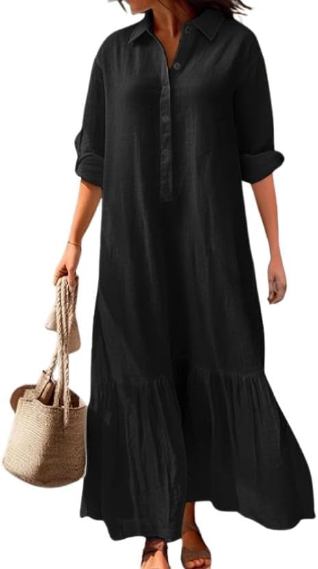 LOAIHA Women's Cotton Maxi Dress Casual Solid Color Long Sleeve V Neck Tiered Flowy Loose Dresses with Pockets