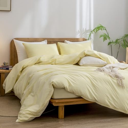 Image of BESTOUCH Cotton Solid Duvet Cover Set Linen Feel Light Yellow Alaska King | Washed Cotton, Linen Feel, Soft Wrinkle Texture, Hidden Zipper, 8 Ties, Breathable Lightweight Durable Comfy, 3Pcs No Insert