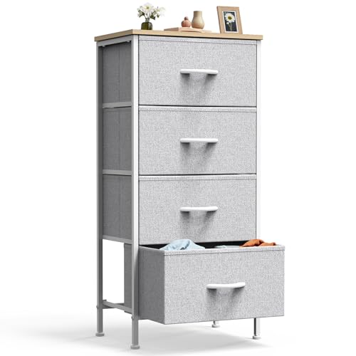 DUMOS Nightstand with 4 Drawers Bedside Table with Removable Fabric Bins Sturdy Steel Frame Wood Top Organizer Furniture for Bedroom Closet Living Room,Light Gray