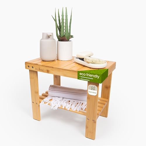 DECOMIL - Bamboo Shower Bench 16”, Foot Rest Shaving Stool with Storage Shelf | Nonslip Feet & Waterproof Bathing Bench | Perfect for Indoor and Outdoor Use