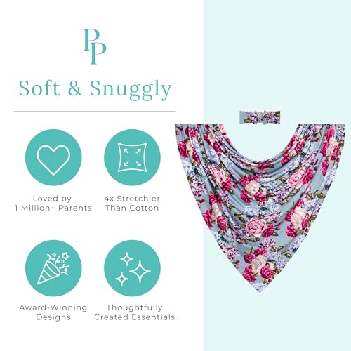 Image of Posh Peanut Swaddle Blanket & Headband Set - Viscose from Bamboo Stretchy Baby Swaddle for Newborn Girls, Receiving Blanket or Nursing Cover (Lacey)