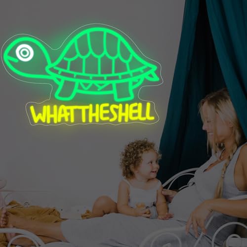 Image of Turtle Neon Sign,What the Shell Turtle Sign,Sarcastic Decor,Funny Neon,Cute Turtle Pun Gift,Kawaii Turtle Sign,Animal Neon Light, 15.9 inchx10.4 inch, Yellow