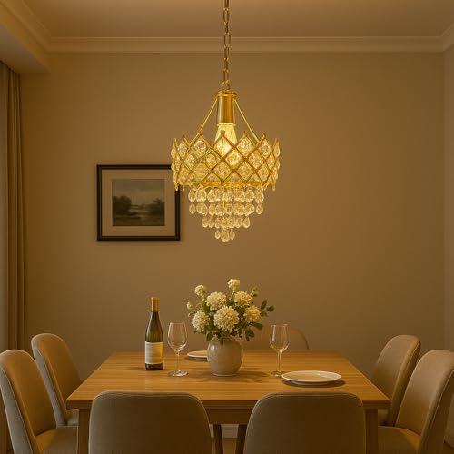 Image of TRIPPING Golden Crystal Ceiling Pendant Lamp with E27 Bulb Holder - Elegant Chandelier-Style Light for Living Room, Dining Hall, Hotel, Balcony, Cafe, and Reception Decor