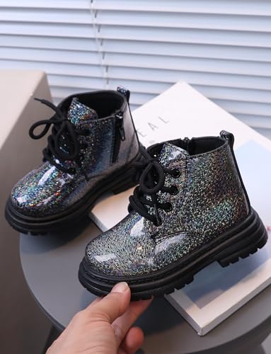 SEAUR Ankle Boots for Kids Patent Leather Waterproof Boots with Zipper Boys Girls Lace up Non-slip Short Ankle Shoes Size 5-103