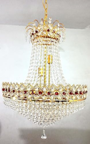 Image of ONFLOW AETERNA LUX Empire Crystal Chandelier with Ruby Red Accents - 32 inch Diameter x 45 inch Height - Elegant Gold Finish Hanging Ceiling Light for Living Room, Dining Hall, and Hotel Lobby (RED Eye)