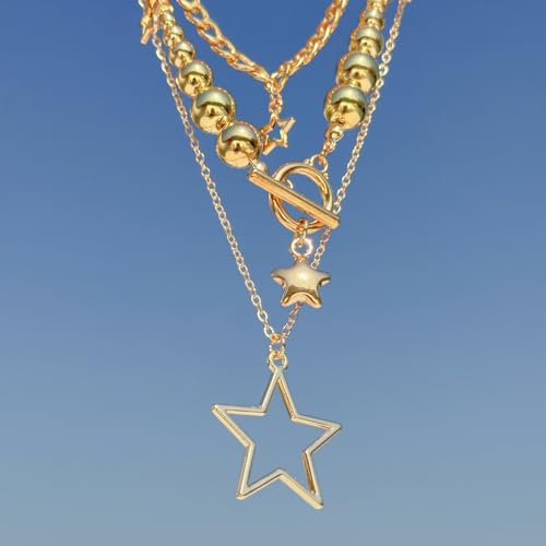Y2K Star Necklace for Women Layered Necklace Gothic Bead Choker Necklace Fashion Grunge Aesthetic Jewelry for Women2