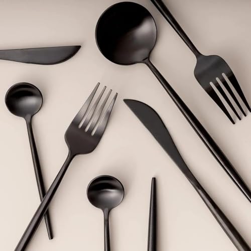 Image of 24-Piece Flatware Set, Stainless Steel Knife Fork Spoon, Home Dinnerware Tableware Set for 6,Stainless Steel Cutlery Set for Home, Kitchen, Restaurant, Utensils (Black)