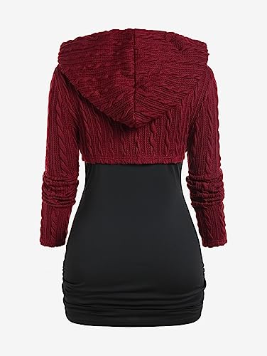 Image of ROSE GAL Women Lace Trim Ruched Cami Tank Top and Hooded Hook Eye Cable Knit Cropped Shrug Sweater