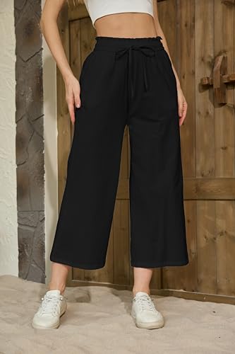 Womens Linen Wide Leg Pants High Waisted Drawstring Baggy Loose Beach Pants with Pockets2