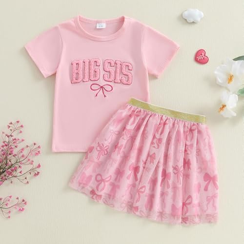 Kayotuas Toddler Girl Summer Outfits Bow Embroidery Short Sleeve T-shirt and Sparkle Tutu Skirt Cute Sister Matching Dresses3
