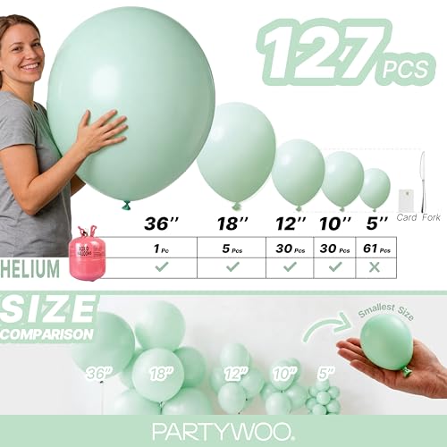 Image of PartyWoo Light Green Balloons 127pcs Different Sizes Pack of 36 18 12 10 5 Inch Mint Pastel Peppermin Green Balloon Arch Kit for Baby Shower Spring Forest Birthday Party Decorations Green-Q06