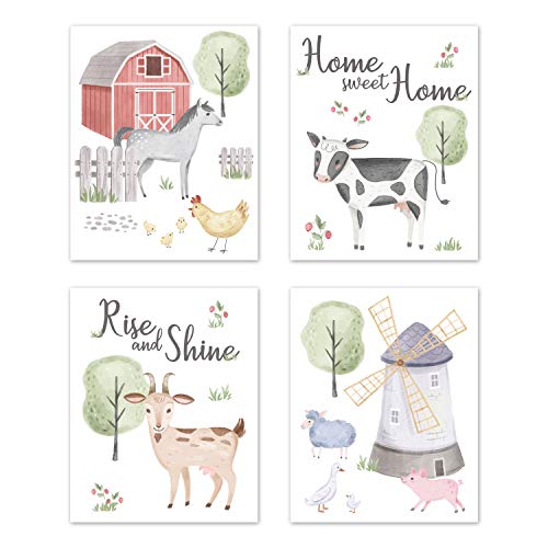 Image of Sweet Jojo Designs Farm Animals Wall Art Prints Room Decor for Baby, Nursery, and Kids - Set of 4 - Watercolor Farmhouse Horse Cow Sheep Pig Home Sweet Home