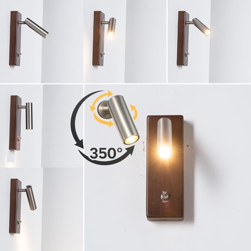 Aplique de pared LED con interruptor foco orientable de 2800K y base de madera nogal 4