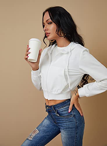 Milanpavilion Women's Zip Up Hoodies Cropped Cardigan Jacket Drawstring Hooded Sweatshirts Casual Long Sleeve Top A-White #TOP3