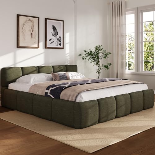 Image of Harper & Bright Designs King Size Upholstery Platform Bed with Thick Headboard, Boucle Platform Bed with Solid Wood Slats, Upholstery Grounded Beds, Easy Assembly, Green