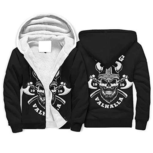 Gamoii Damen Herren Sherpa Kapuzenpullover Jacke Sweatshirt Wikinger Valhalla Schädel Totenkopf 3D Druck Hoodie Top Kapuzenjacke mit Kapuze White XL Cover