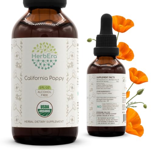 HerbEra USDA Organic California Poppy Alcohol-Free Liquid Extract Tincture Calming & Relaxation Support Eschscholzia Californica Dried Flower Sleep Drops Vegan Herbal Supplement (2 fl oz)