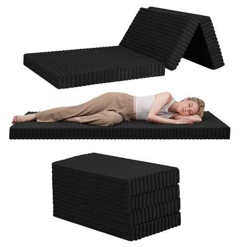MeMoreCool Colchón plegable individual, 190 x 90 cm, colchón de futón plegable de espuma de alta densidad con funda lavable, tapete portátil para dormir para invitados, viajes, camping, color negro