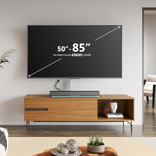 Image of FITUEYES Universal TV Stand with Power Outlets for 50-85 inch TVs, Swivel&Height Adjustable Tall TV Stand for Bedroom Living Room, 27.5''Large Tempered Glass Base Holds up to 110 lbs, Ivory White