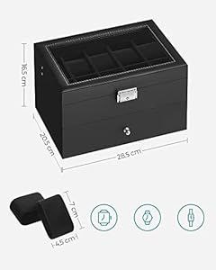 SONGMICS horlogebox, horlogekast met glazen deksel, 2 niveaus, voor 6 horloges, afsluitbaar, 1 lade, voor ringen, armbanden, cadeau-idee, PU-hoes in zwart, binnenvoering in grijs JWB060G01