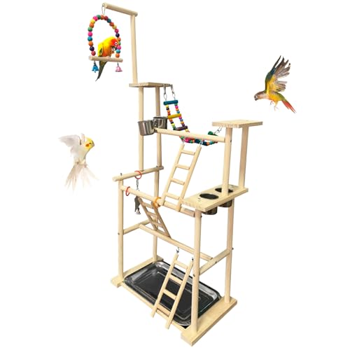 Hamiledyi Natural Wood Bird Playground Stand with 4 Large Layers - Exercise Perch for Parrots Cockatiels and Small Birds Indoor Bird Activity Center with Ladders and Swings
