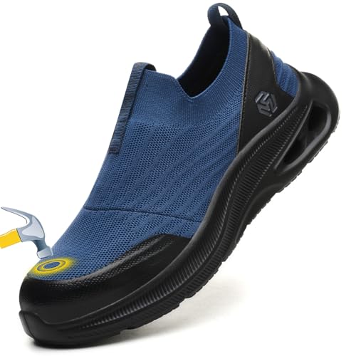Steel Toe Shoes Men Lightweight Comfortable Work Shoes Slip On Safety Shoe Walking Sneakers Puncture Proof Loafers,Blue,Size 11