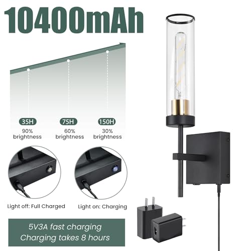 Image of Wall Sconces,Battery Operated Wall Sconce 10400mAh Black and Gold Fast Chargin Endurance 150 Hours Infinitely Dimmable with Remote Control Wireless Wall Lights for Bedroom Living Room Hallway