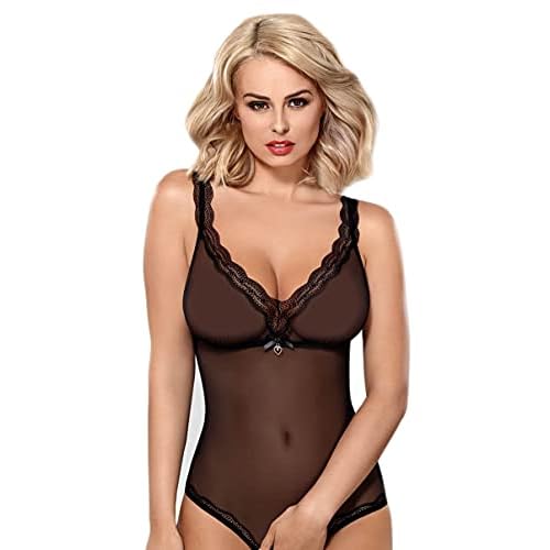 Obsessive zarter figurbetonender Ouvert-Body mit schicker Spitze und Satin-Schnürung in toller Geschenkbox (S-M, Schwarz-Mesch)