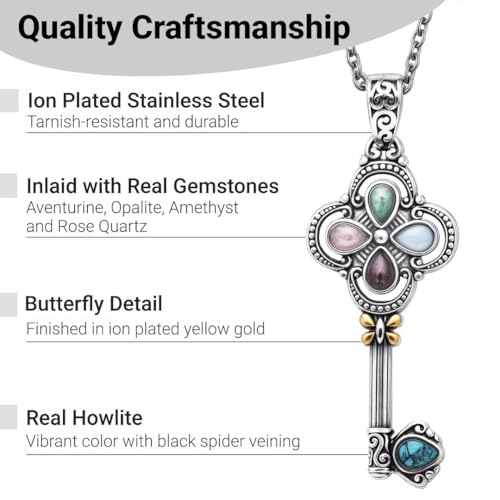 Key Necklace Pendant Stainless Steel with Gold Plated - Charm Necklace for Women with Rose Quartz, Amethyst, Aventurine, Opalite & Howlite Jewelry Chain Length - 20 inch Birthday Gifts for Women3