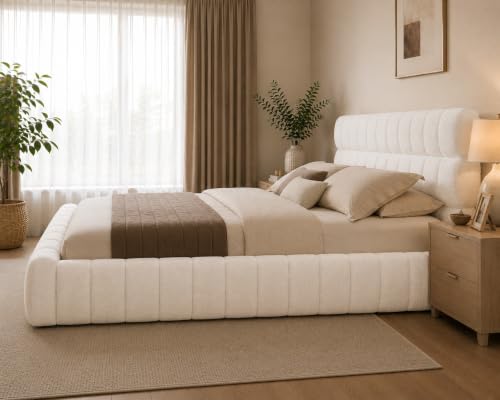 Image of Crafts Luxury Upholstered King Size Bed with Box Storage | Premium Boucle Fabric Platform Bed, Wooden Double Cot for Bedroom, Sheesham Wood, 6.5 x 6 Ft, White