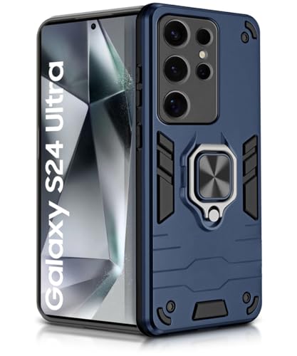 Image of WOW IMAGINE Shock Proof Back Case Mobile Cover for Samsung Galaxy S24 Ultra 5G | Back Cover Case (Tough Armor | Hybrid PC + TPU | Ring Holder & in-Built Kickstand | Blue)