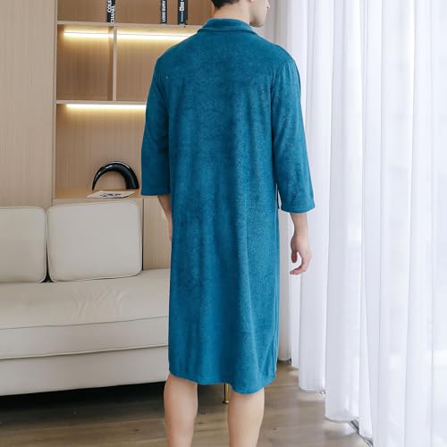 Men's Soft Robe 3/4 Sleeve House Coat Zipper Housecoat with Pocket Comfy Loose Spring Zip Front Terry Cloth3