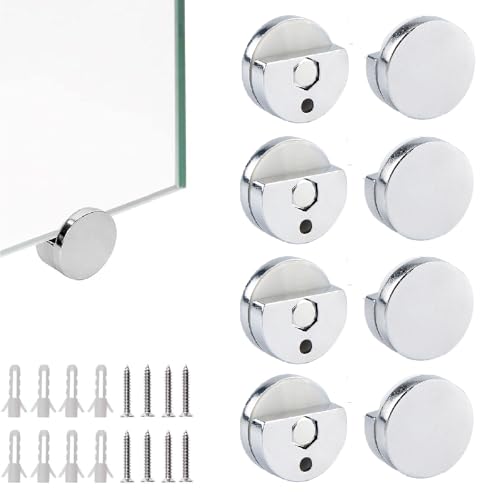 8 pezzi Ganci per Specchio a Muro, Appendi Specchio Clip per Specchio Supporto Vetro Clip in Lega di Zinco Kit di Fissaggio a Parete Rotondo per Specchio e Vetro Spessi 5 mm, con Tasselli e Viti