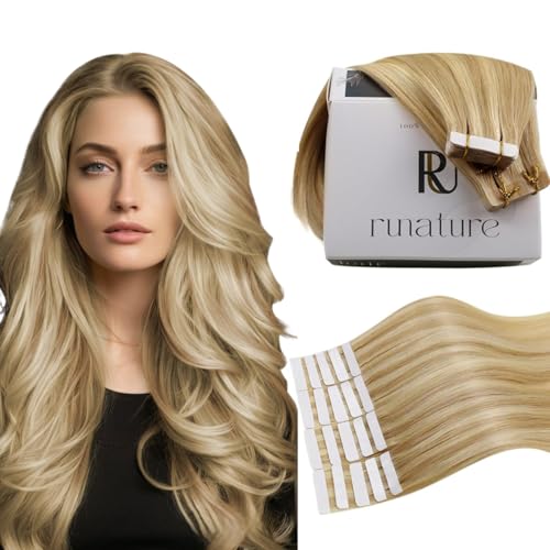 RUNATURE Human Hair Tape in Extensions Blonde 16 Inch Tape