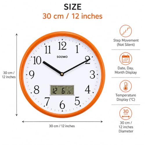 Image of Amazon Brand - Solimo 12 Inches Analog Wall Clock with LCD Display Wall Clock for Hall Living Room Bed Room Office Wooden Look Plastic Step Movement Stylish Wall Clock for Home - 1197LCD (D Wood)
