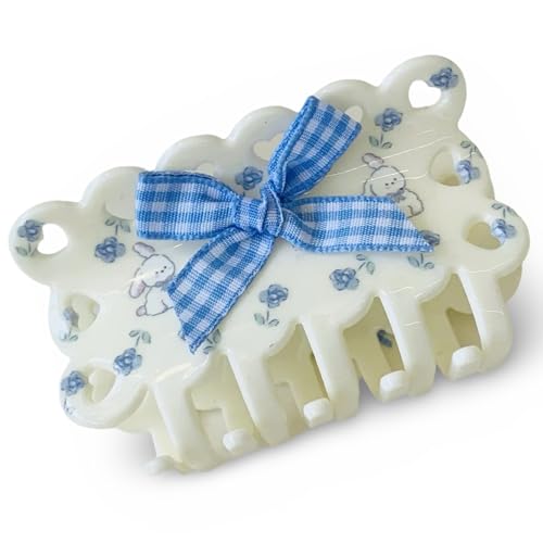 Coquette Floral Patterned Hair Claw Clip with Bows, Blue Floral with Bunnies, Rectangle Shaped with Scalloped Edges and Heart Shaped Cutouts