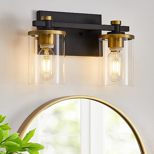 DADUL 2 Lights Bathroom Vanity Lights, Black and Gold Bathroom Light fixtures Over Mirror, Vintage Wall Sconces with HD Glass Shade, Vanity Lightsfor Farmhouse, Kitchen, Powder Room