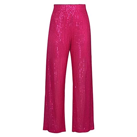 Caziffer Women Glitter Pants Sparkle High Waist Sequin Bling Wide Leg Glitter Trousers Loose Straight Leg Sparkle Pants Clubwear Streetwear (Rose Red, M) Cover