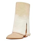 MUCCCUTE Women's Denim Boots Cowboy Western Fold Over Cowgirl Boots Chunky Stacked Heel Pointed Toe Pull On Wide-Calf Boots(Beige,8)