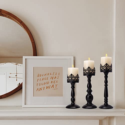 Vintage Pillar Candle Holders Set Of 3-12'' 11'' 9''- Black Gothic Hollow Candle Holder For Table Centerpieces - Tall Candle Stands Decorative For Dining Room & Living Room - Fireplace Decor & Gift #TOP3