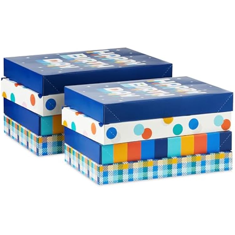 Hallmark Designed Shirt Boxes with Lids (8 Boxes: 2 Each of Orange and Blue Stripes, Plaid, Dots, Happy Birthday) for Birthdays, Father's Day, Graduations