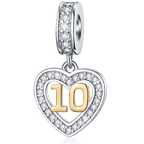 EMOSTAR 10 to 20 21 22 23 24 25 28 30 33 35 40 45 50 55 60 65 70 75 80 Birthday Charms fit European Anniversary Bracelet Necklace, Dangle 18K Golden Number Heart Pendant with CZ, for Women/Men