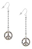 Silvertone Large Enamel Cheetah Print Peace Sign Silver-tone Long Sparkle Dangle French Earrings