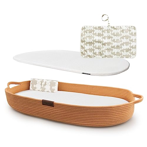 Yunioo matelas à langer, panier à langer avec coussin de voyage supplémentaire, matelas à langer en mousse et housse hydrofuge, panier en corde de coton, dessus de table à langer │Brique