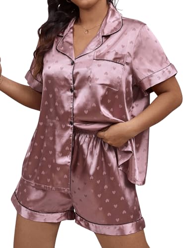 WDIRARA Women's Plus Size 2 Piece Satin Pj Set Short Sleeve Button Down Pajamas with Shorts Sleepwear4