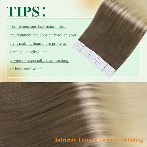Image of Easyouth 22 Inch Tape in Hair Extensions Human Hair Ombre Tape in Extensions Ash Brown Fading to Platinum Blonde Tapes ins Human Hair Extension Ease of Application 50g 20pcs